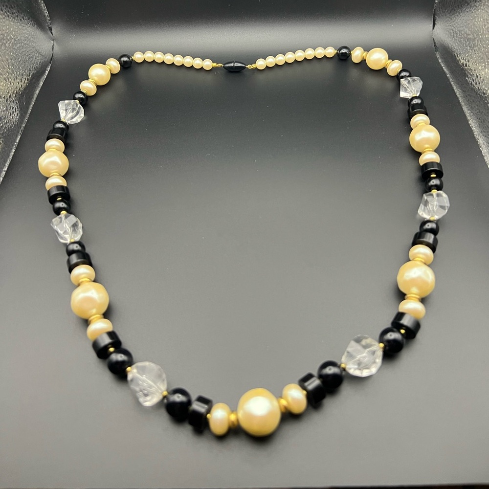 Vintage Faux Pearl Beaded Necklace Black, Clear and Cream Faceted Beads Retro